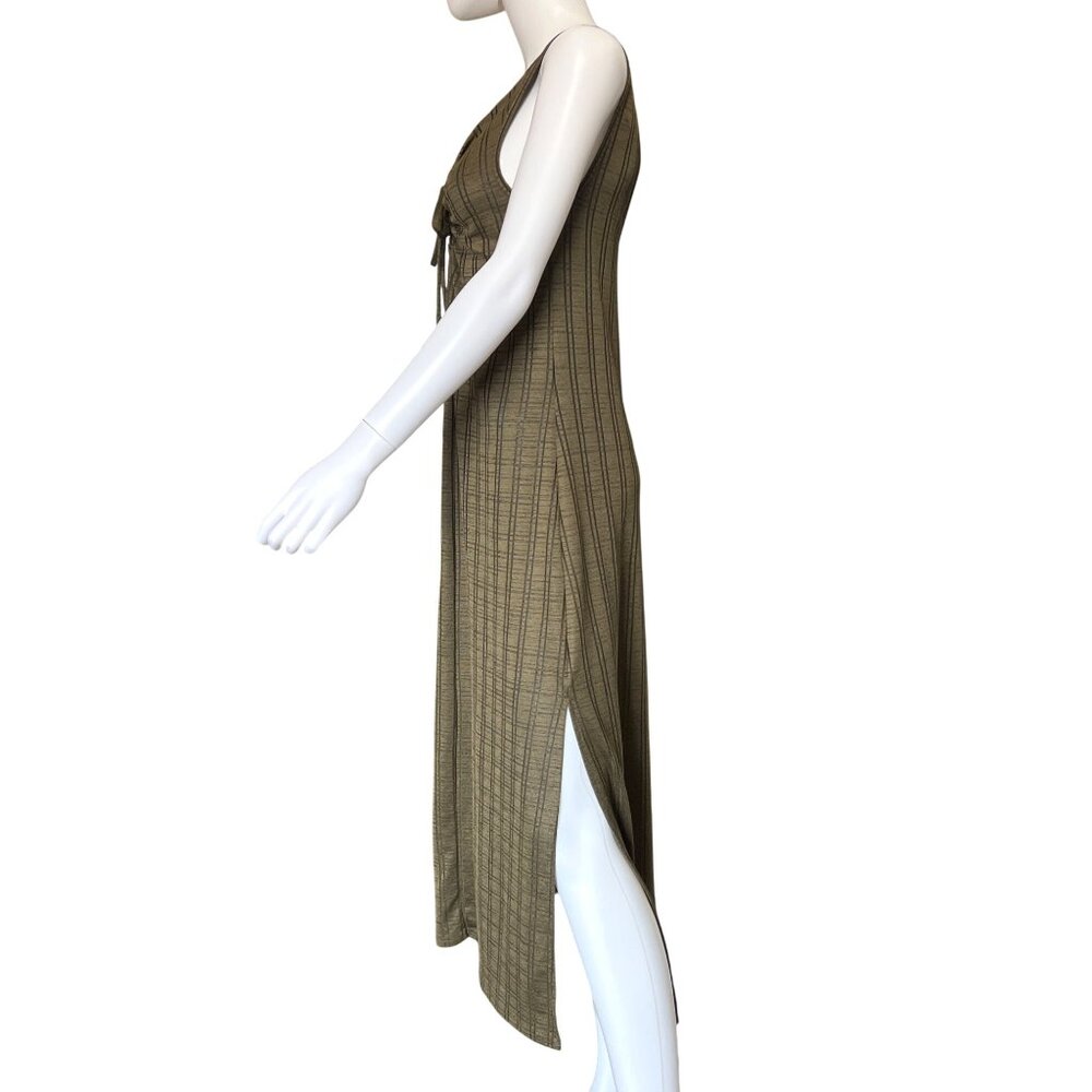 Topshop Midi Sleeveless Knit Dress Womens 8 Brown Plaid Pattern Lace-Up Detail - Picture 2 of 5